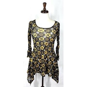 Karen Kane Women Mesh Floral Ruched Tunic Top Black Yellow Sharkbite USA Made S